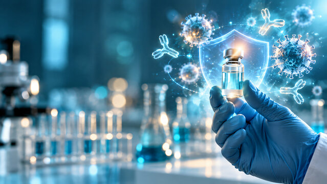 Conceptual medical laboratory scene featuring a vaccine vial held by a gloved hand with glowing immune system imagery, representing immunization, disease prevention and biomedical research