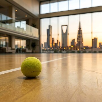 Tennis ball on indoor court with riyadh skyline view