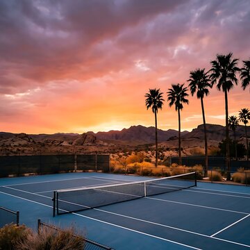 Tennis court at sunset with palm trees and mountains