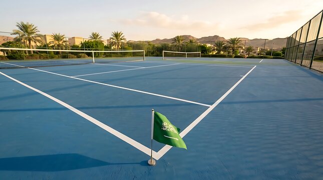 Saudi arabian flag on a blue tennis court