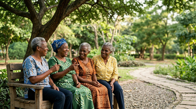 Senior African women talking and laughing on park bench. Group of four elderly friends socializing outdoors under tree shade
