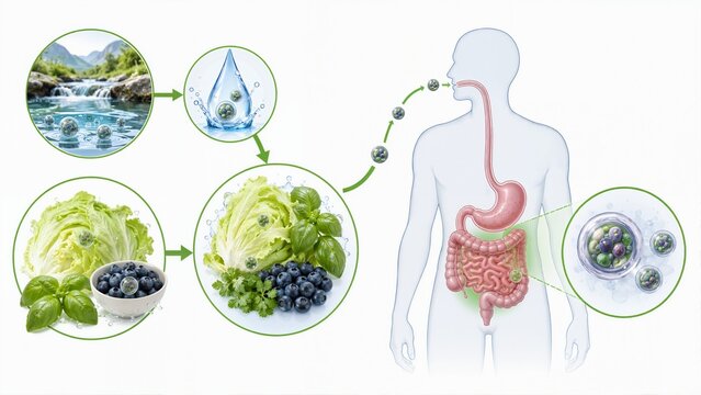 Medical diagram of waterborne and foodborne parasite transmission into human digestive tract. Scientific infographic showing ingestion of contaminated water and fresh produce