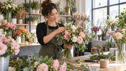 Fototapeta premium Female florist arranging fresh rose bouquet with flowers and greenery in a modern flower shop studio
