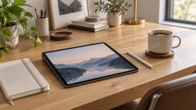 Modern tablet with digital landscape image and stylus on wooden desk beside coffee and notebook