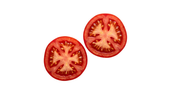 Overhead studio photograph of two fresh ripe red tomato cross-section slices arranged diagonally on a pure solid white background, displaying detailed internal seed locules and moist cellular pulp