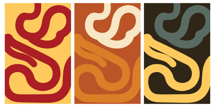 Minimalist vector poster set with organic curved lines in retro warm yellow orange and brown colors.
