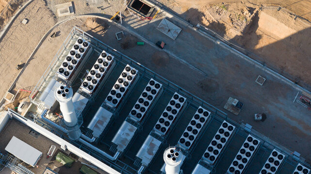 Aerial view of the Data4 Hanau data center facility featuring rows of cooling units and industrial infrastructure on a construction site in Hanau, Hessen, Germany.