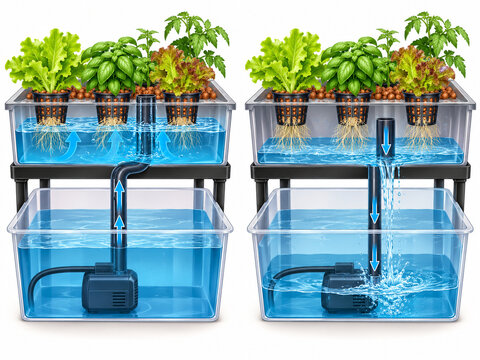 Hydroponic ebb and flow system, flood and drain cycle cross section diagram