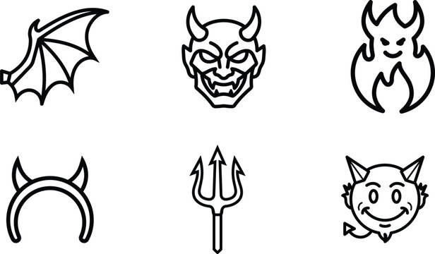Set of six simple devil and demon themed icons with transparent background