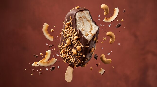 Chocolate Covered Ice Cream Bar With Coconut And Cashew Nuts Floating On Dark Brown Background
