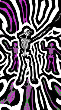 Seamless vertical video psychedelic skulls painted drawn style cartoon. Hypnotic Halloween background with wave rainbow marker stroke effect 