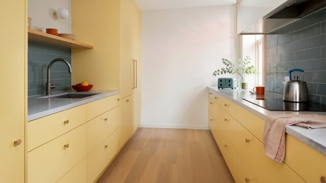 Galley kitchen with pale yellow cabinets and teal subway tile backsplash. Modern retro interior with wooden floor, induction cooktop, and sink