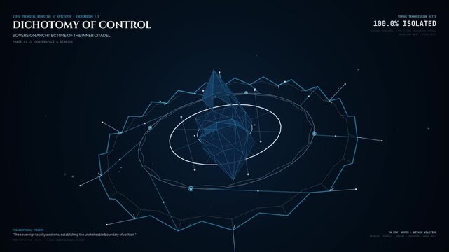 Educational animation of the Stoic dichotomy of control philosophy, featuring futuristic HUD UI with glowing blue geometric shapes, data visualization, and philosophical concepts