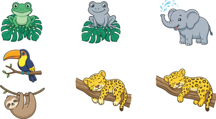 Fototapeta premium Cute tropical jungle animals vector sticker collection featuring cartoon frog elephant toucan jaguar and sloth isolated on white background