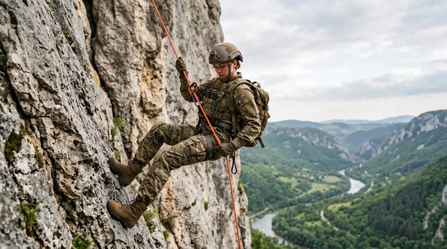 Soldier rappelling down rocky cliff during tactical training. Female military specialist climbing rock face above valley