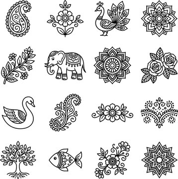 Various henna tattoo icons including floral and animal motifs