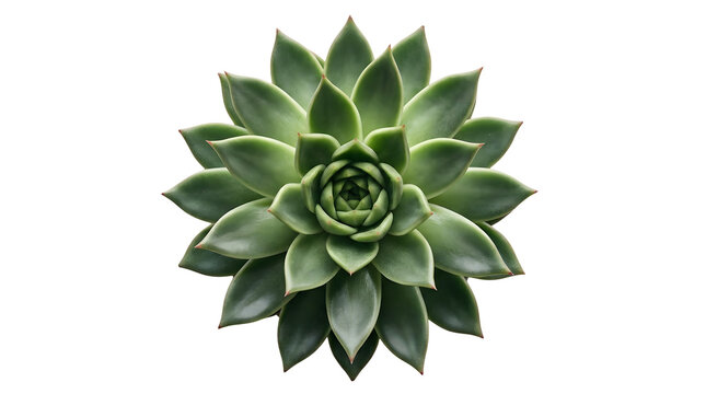 Top-down studio shot of a vibrant green succulent plant rosette isolated on a white background, showcasing symmetrical fleshy leaves with reddish tips radiating outward from a compact center