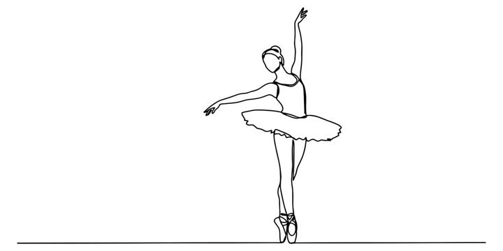 Ballerina dancing in tutu dress outline black line vector illustration for classical ballet performance dance art theater.