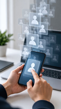 AI risk and AI threat call for AI safety as person uses smartphone to manage digital profiles beside laptop at desk