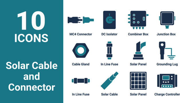 Solar photovoltaic cabling and electrical balance of system hardware icons including MC4 connectors, DC isolator switch, combiner box, junction box, cable gland, inline fuse, and charge controller.
