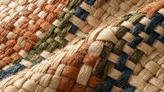 Rustic woven raffia fabric macro texture, colorful natural straw carpet surface background, boho interior textile detail