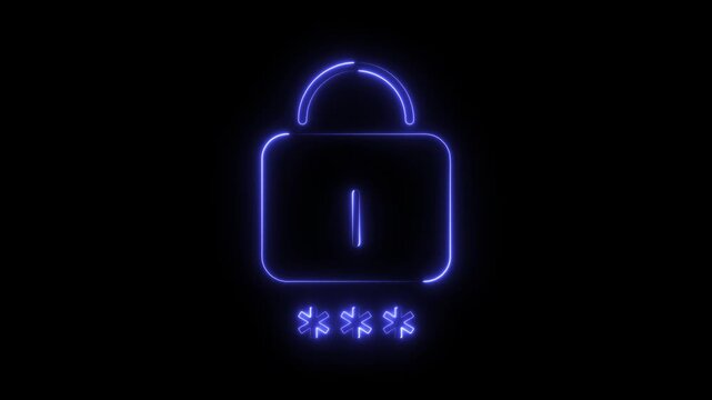Glowing blue neon padlock icon with password asterisks for digital security