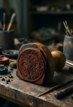 Craftsmanship and artisan heritage, wooden hand stamp with intricate floral carving on a rustic workbench in a traditional workshop for handmade goods