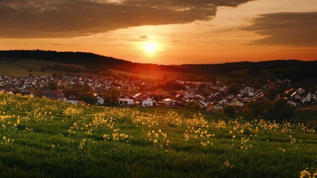 Gorgeous orange sunset sky over an idyllic European village in a valley, with grass and wildflowers on a hill in the foreground