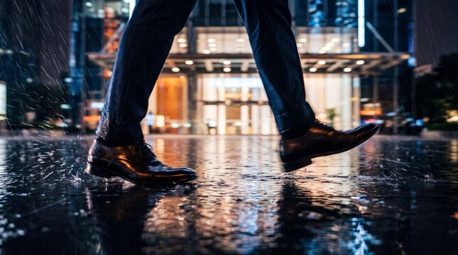 Businessman Walking on Wet Street in Rain at Night