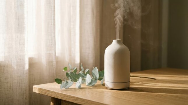 Aromatherapy diffuser emitting steam on a wooden table near a window