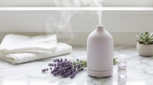Aromatherapy diffuser releases steam near lavender and clean towels
