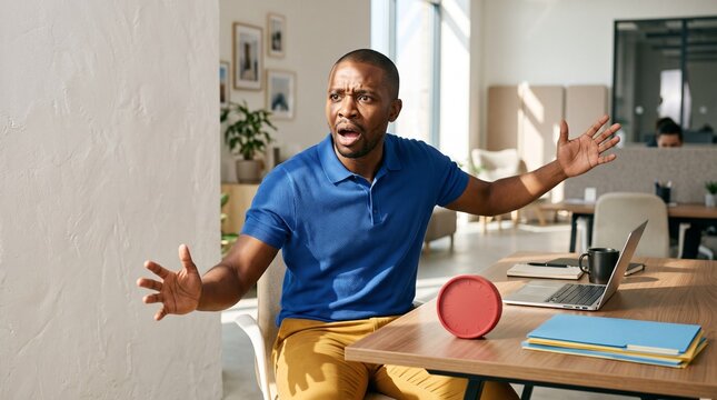 Office worker mimes deadline panic at a sunlit desk