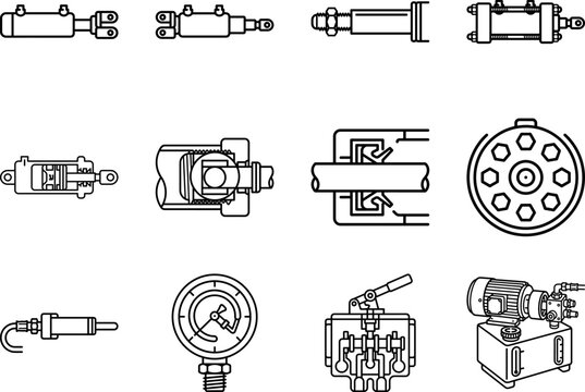 Hydraulic cylinder line icons with piston rod, clevis mount, tie rod cylinder, seals, pressure gauge, hand pump and power unit, editable stroke vector