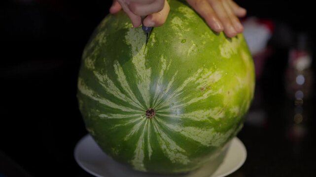 Slicing Fresh Watermelon With Knife On Plate. Fresh Fruit 