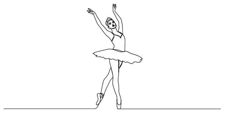Ballerina dancing in tutu skirt drawn in continuous line art style for dance studio theater ballet performance graphic.