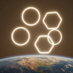Fototapeta premium Global connectivity and digital network, glowing geometric shapes floating above planet Earth satellite communication and future technology