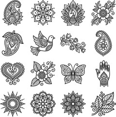 Collection of intricate hand drawn henna tattoo designs featuring floral patterns and traditional cultural motifs © Grapic Design