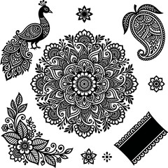 Detailed black and white henna art composition featuring a peacock mandala and floral paisley elements © Grapic Design