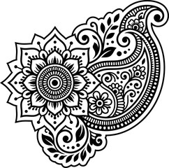 Detailed black and white paisley floral design element for henna tattoo or textile pattern art © Grapic Design