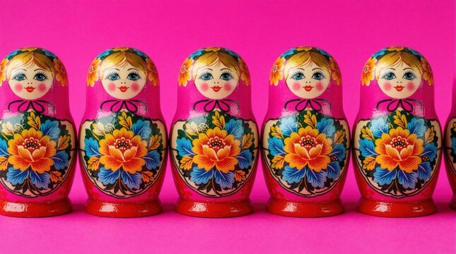 Row of colorful Russian matryoshka dolls on bright pink background. Traditional wooden nesting dolls with floral patterns stand in line. Group of handcrafted babushka toys shows folk art culture,