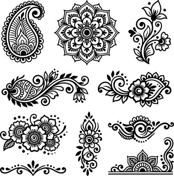 Comprehensive collection of black and white henna style floral and paisley decorative border elements set