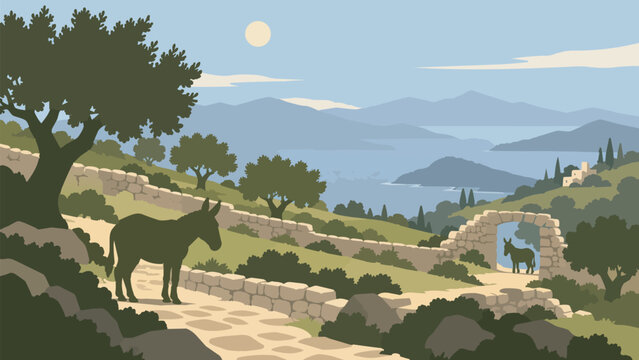 Flat vector illustration of two donkey silhouettes on a cobblestone path with stone walls and an archway, overlooking a Mediterranean coastal landscape with sea and mountains.