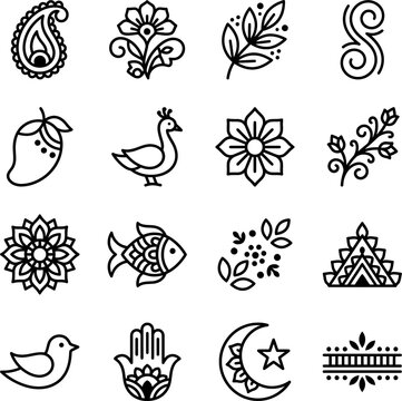 Diverse set of minimalist black and white ethnic symbols featuring birds flowers and paisley icons