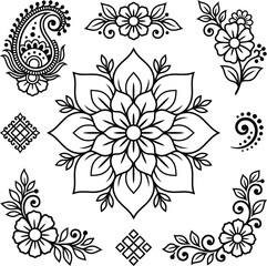 Set of black and white henna inspired floral mandala and paisley decorative vector design elements © Grapic Design