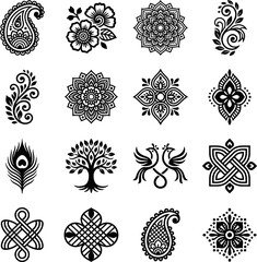 Set of black and white traditional henna inspired mandala elements and decorative floral paisley vector designs © Grapic Design