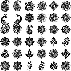 Set of black and white mandala and paisley design elements for henna tattoos or ornate decorations © Grapic Design