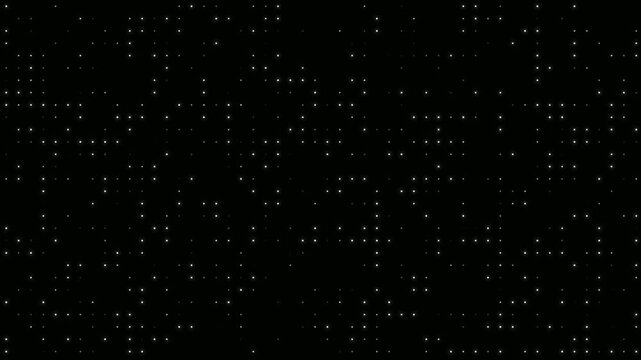 Bright halftone dots texture animated on black background. Flickering sphere Random Dots in distorted pattern. Dynamic white circles creating a grid looping texture. Many small balls are blinking.