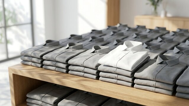Row of Neatly Folded Grey Men's Formal Shirts on a Wooden Display Table in a Bright Minimalist Clothing Store with One White Shirt Highlighting the Concept of Individuality and Unique Choice