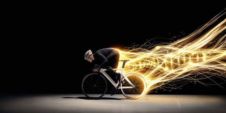 Male cyclist riding racing bicycle amid golden energy trails in dark studio with determined concentration. Summer sport, bicycle retail, endurance coaching concept.