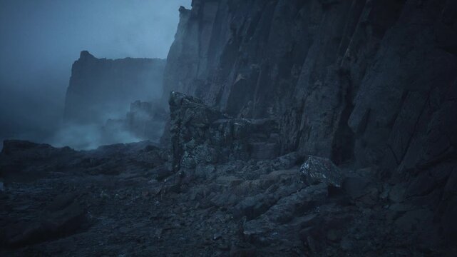rocky shore with looming cliff fortress, dark tide pools and wet boulders, spray from unseen surf, jagged basalt textures, tense cinematic mood